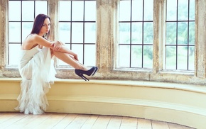 girl, white dress, high heels, brunette