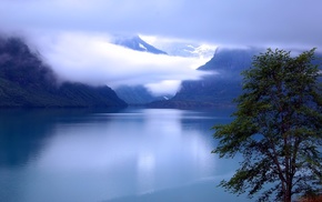 mountain, nature, river, mist