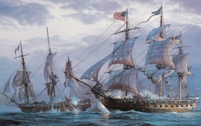 sailing ship, painting, sea, American flag, ship