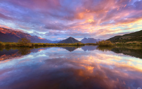 mountain, clouds, sky, lake, nature