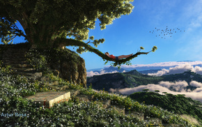 branch, render, mountain, clouds, girl