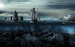 split view, flood, sunken cities, UK, cityscape, London