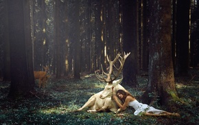 reindeer, dress, fantasy art, Raindeer, girl, forest