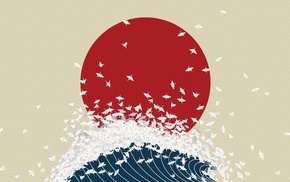 Japan, waves, Nihon, Nippon, digital art, birds