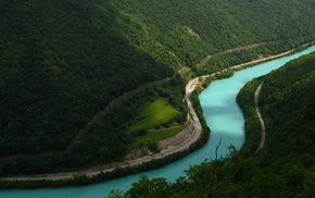 nature, river, mountain, greenery, road