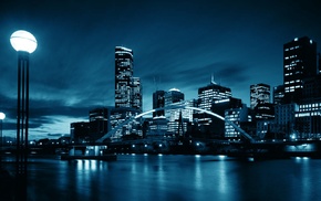 river, blue, water, town, lights