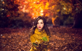 girl, fall, yellow dress, girl outdoors, leaves
