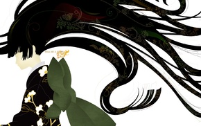 black hair, butterfly, long hair, simple background, kimono, anime girls