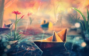 paper boats, water, flowers, Sylar, artwork