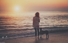 people, sunset, beach, sea, dog