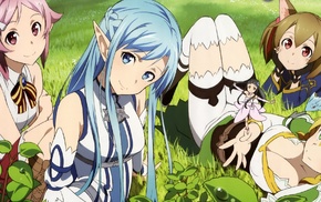 blue hair, Alfheim Online, Shinozaki Rika, pink hair, Kirigaya Suguha, green eyes