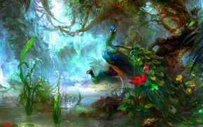 fantasy art, vines, birds, forest, peacocks