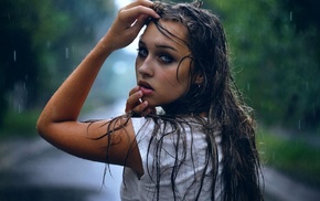 blue eyes, model, trees, wet hair, wet, water drops