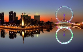 reflection, city, ferris wheel, ferry, China