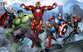 Hawkeye, Black Widow, lightning, Iron Man, Hulk, Captain America