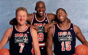 Magic Johnson, Michael Jordan, USA, basketball, Larry Bird, smiling