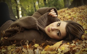 piercing, trees, sweater, face, leaves, model