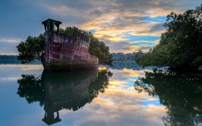 ship, trees, water, Sydney, abandoned, reflection