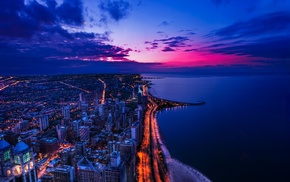 sunset, Chicago, cityscape, coast, lights