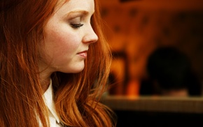 redhead, face, closed eyes, profile, model, freckles