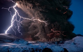 winter, rock, smoke, Iceland, lightning, landscape
