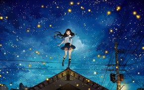 fireflies, rooftops, original characters, power lines, night, utility pole