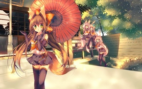 school uniform, fox girl, long hair, thigh, highs, umbrella