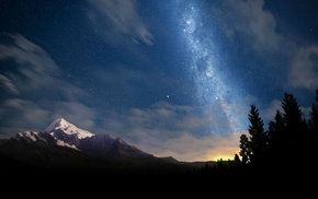 stars, mountain, Milky Way, space, trees