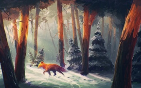 fox, artwork, animals, forest, Sylar, snow