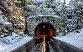 road, trees, snow, tunnel, winter
