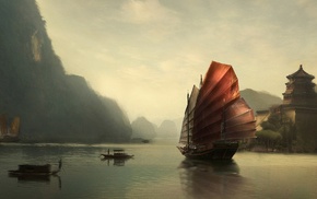 reflection, mountain, sailing ship, China