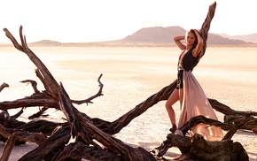 girl, model, branch, nature, dead trees, dress