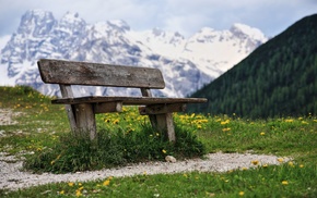 bench, forest, landscape, trees, mountain