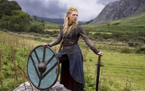 Vikings TV series, shields, blonde, sword, landscape, girl outdoors