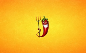 digital art, pitchforks, teeth, chilli peppers, minimalism, yellow background