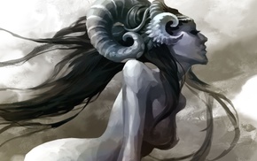 artwork, horns, long hair, girl, ram