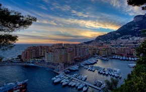 cityscape, boat, dock, sunset, sea, Monaco