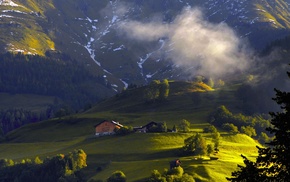 mountain, landscape, nature, Austria, trees, cabin