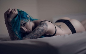 black clothing, girl, black panties, black bras, in bed, tattoo