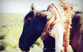 girl, headdress, horse, model