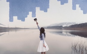 skirt, girl, blue, photo manipulation, lake, nature