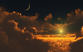 moon, orange, clouds, Sun