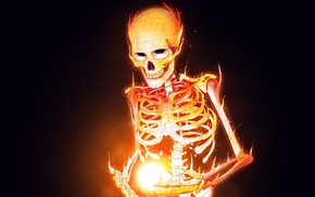 black background, skeleton, artwork, burning, digital art, skull