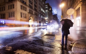 intersections, light trails, umbrella, long exposure