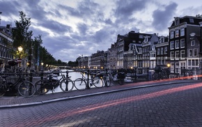Amsterdam, road, Netherlands, bicycle, light trails, canal