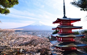 Mount Fuji, Japan, Asian architecture, cherry blossom
