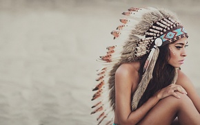 tanned, feathers, simple background, face paint, topless, girl