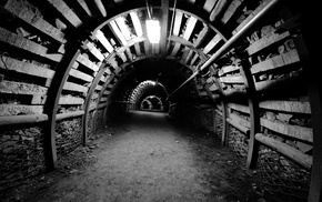 underground, tunnel, lights, arch, wooden surface