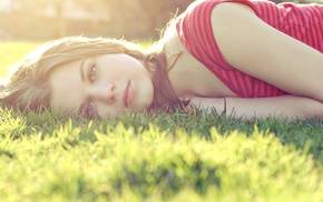 girl, blue eyes, brunette, grass, lying down, sunlight