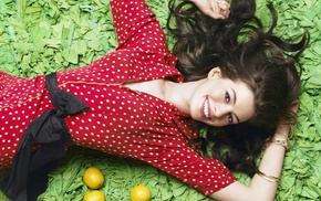 actress, smiling, girl, lemons, bangles, lying on back